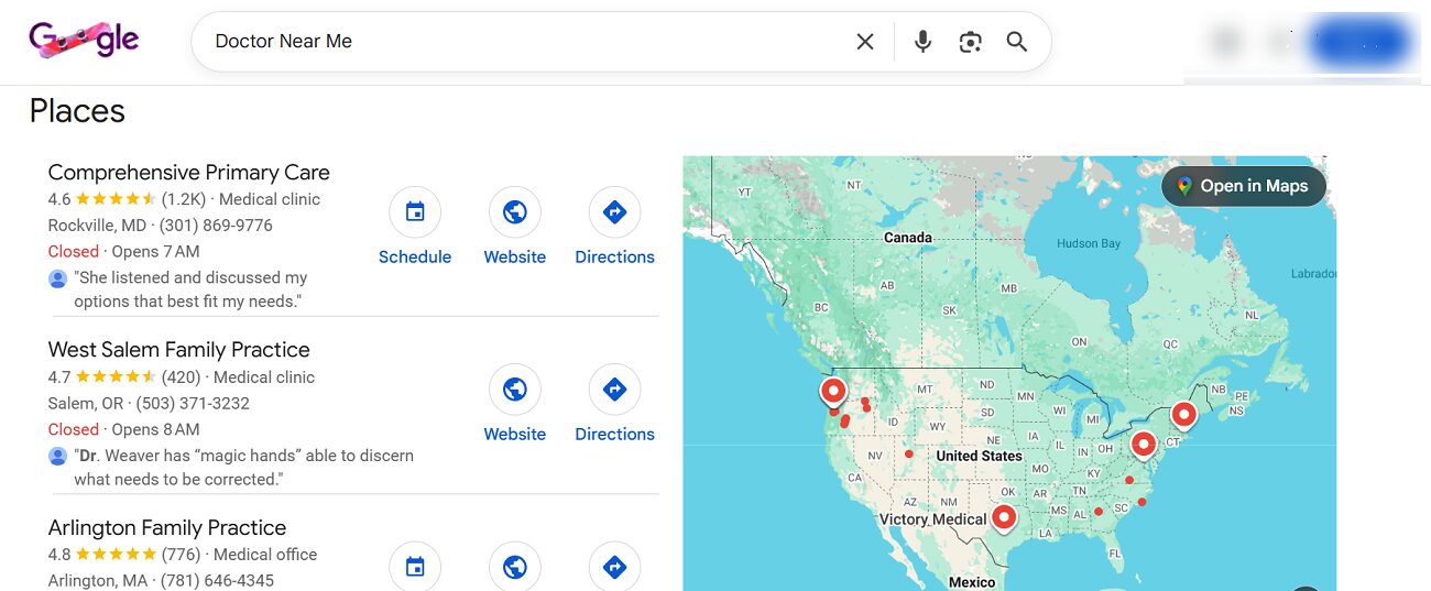Google Local Pack results for doctor near me search showing top three listings
