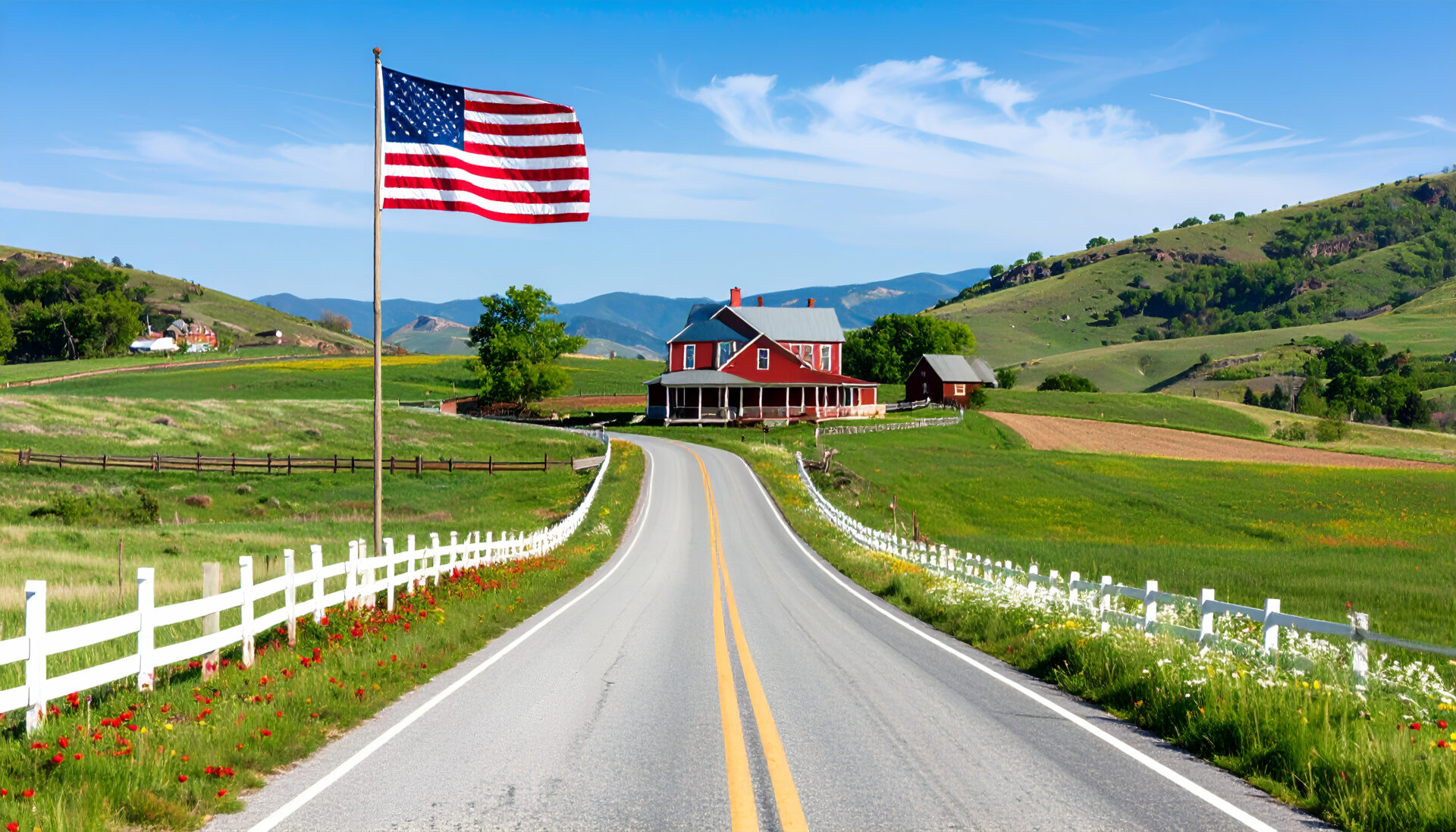 American Farm with Country Road, and Flag.